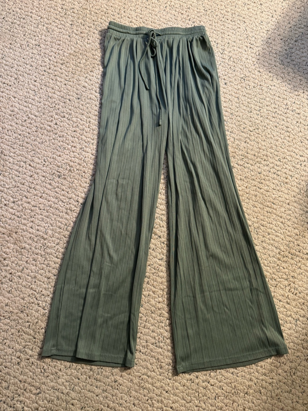 Cider Olive Green Ribbed Wide-Leg Drawstring Pants